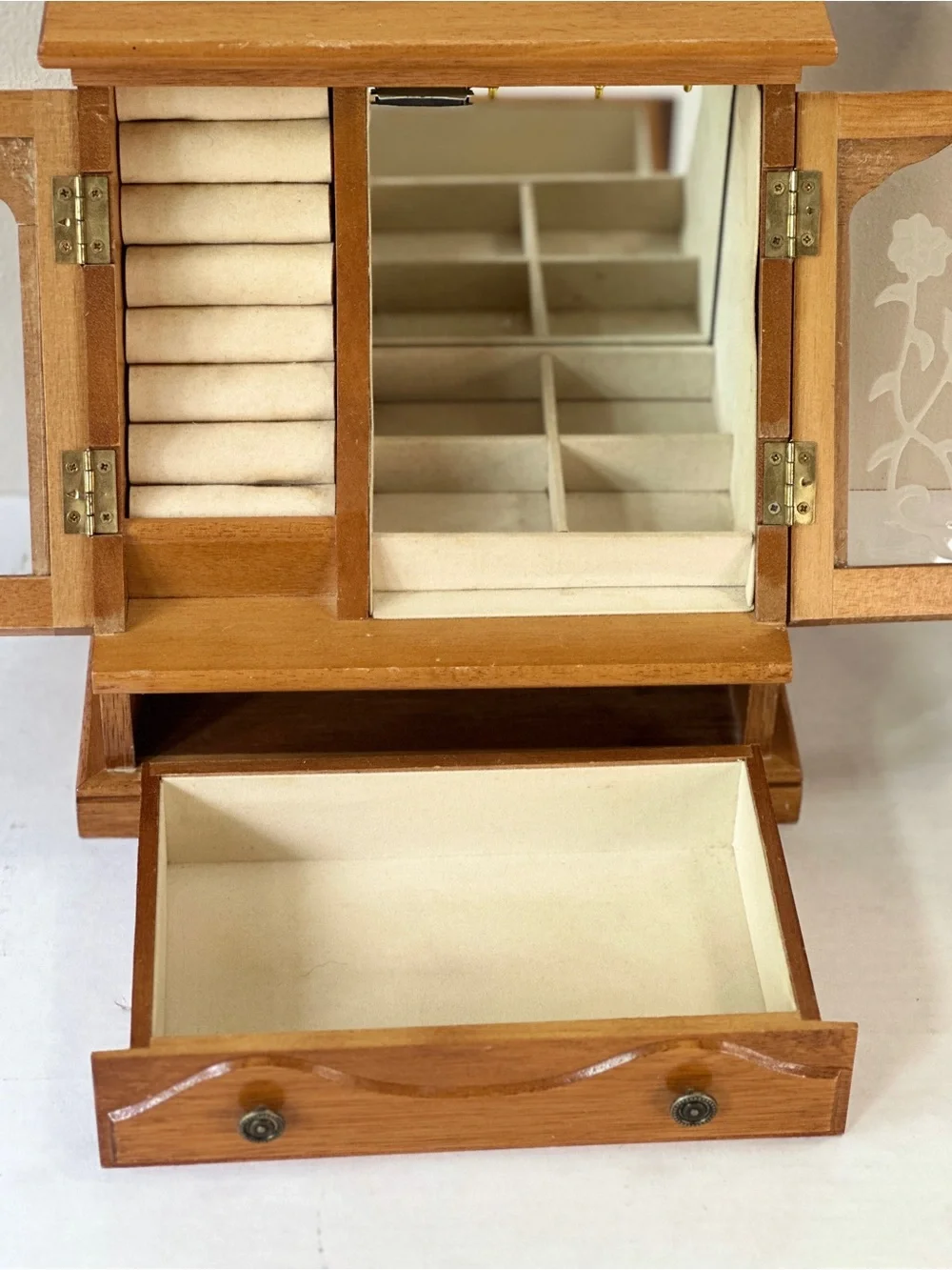 Vintage Wooden Jewelry Armoire Box Etched Glass Rose Doors Drawer